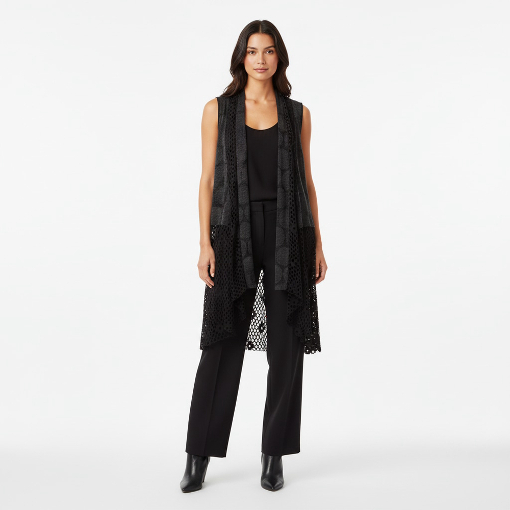 Red Coral Dark Boho Long Knit Cardigan Vest Macrame Lace Hem Size OS Charcoal